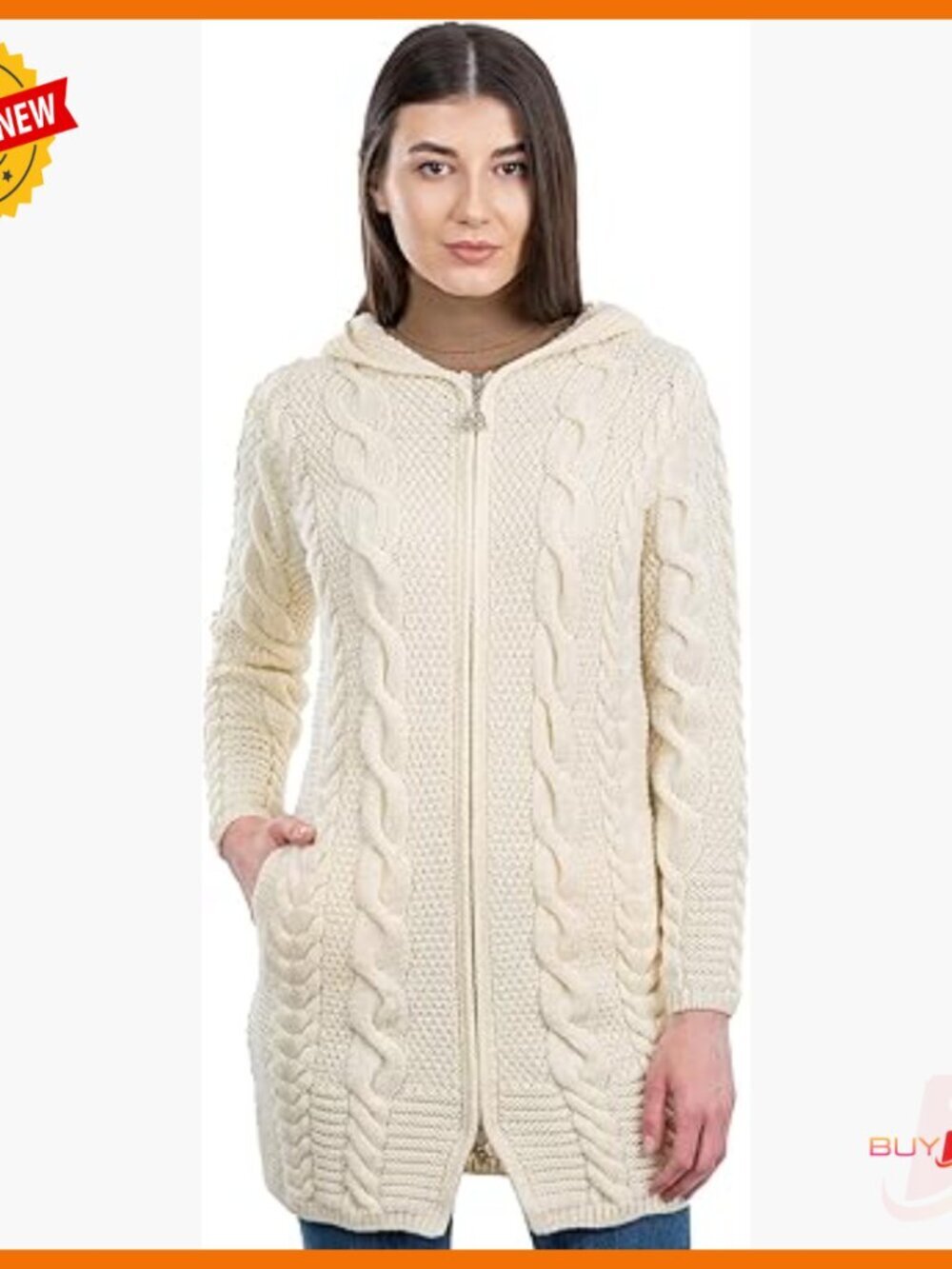 Merino Wool Hooded Zip Cardigan Aran Cable Knit Sweater Coat